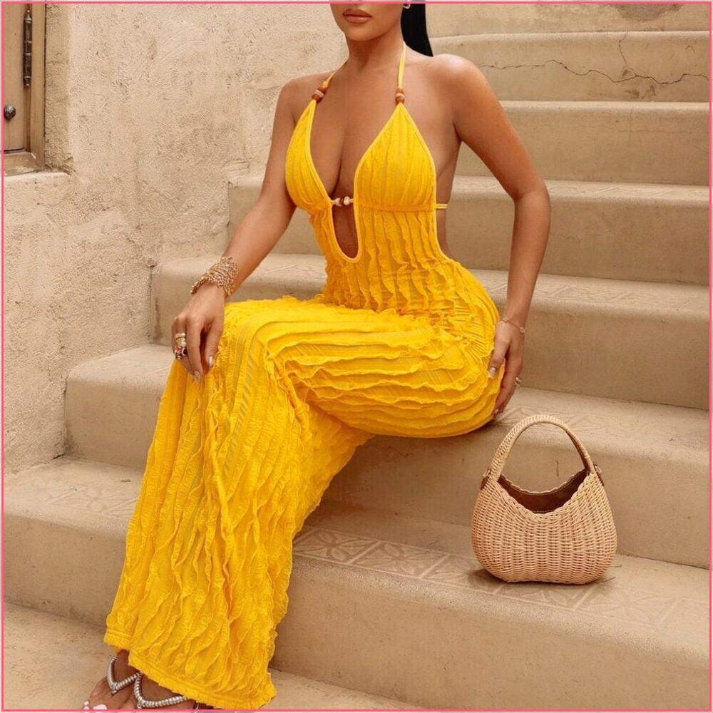 Yellow Women's Sexy Deep V-Neck Beaded Detail Maxi Dress Vacation Summer